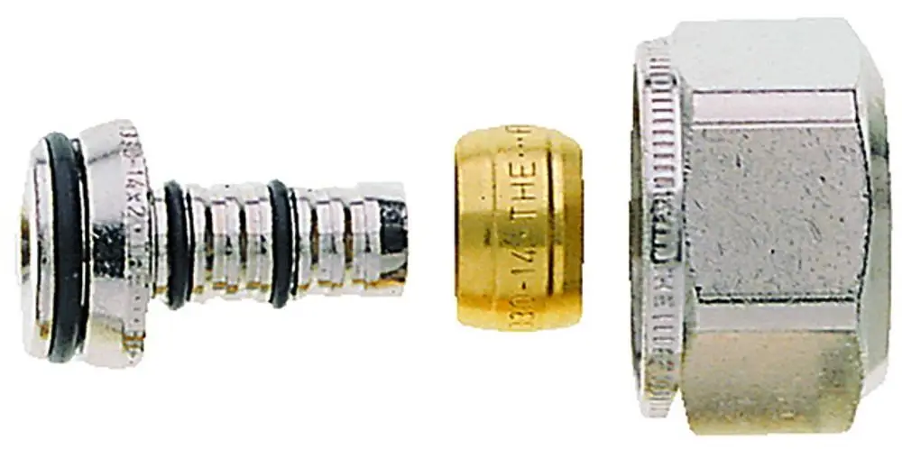 Drei Teile einer Klemmverschraubung von IMI Hydronic Engineering, darunter ein vernickeltes Verbindungselement mit Dichtungen und eine goldene Komponente.